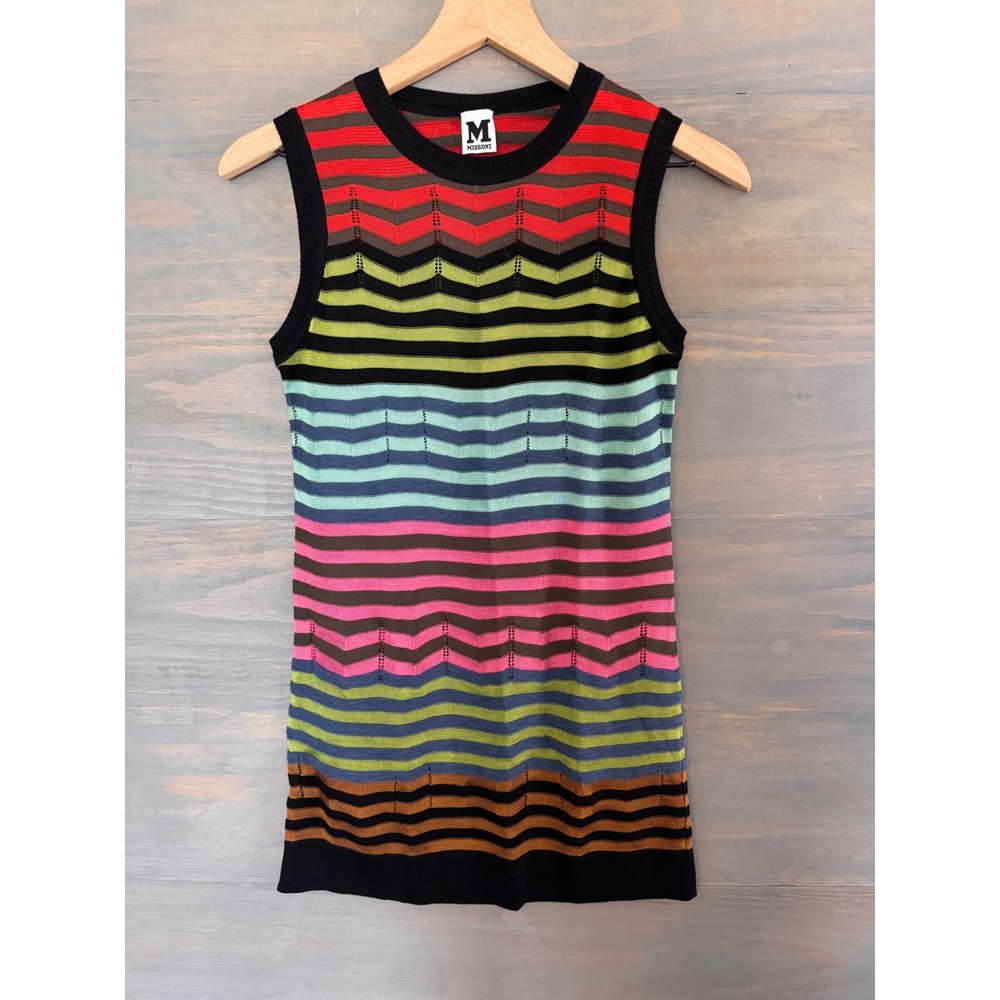 M Missoni Sleeveless Knit Top Multi Color Chevron Striped Pointelle Crew Neck